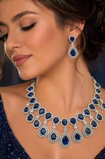 sapphire crystal teardrop necklace and earrings set, silver halo bridal jewellery