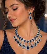 sapphire crystal teardrop necklace and earrings set, silver halo bridal jewellery