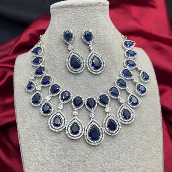 sapphire crystal teardrop necklace and earrings set, silver halo bridal jewellery 2