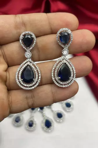 sapphire crystal teardrop necklace and earrings set, silver halo bridal jewellery