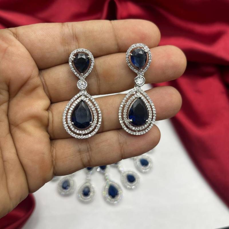 sapphire crystal teardrop necklace and earrings set, silver halo bridal jewellery