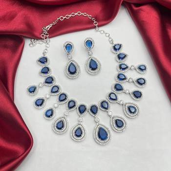 sapphire crystal teardrop necklace and earrings set, silver halo bridal jewellery 4