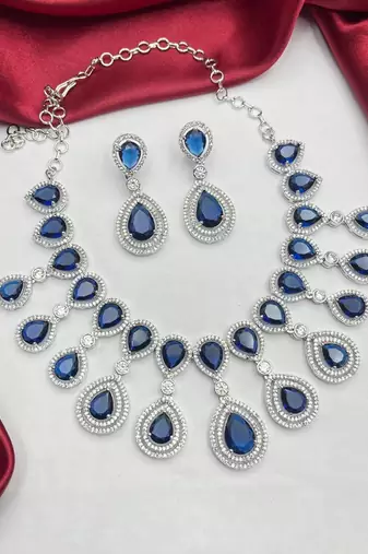 sapphire crystal teardrop necklace and earrings set, silver halo bridal jewellery
