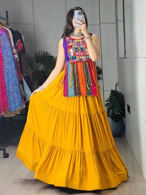 YELLOW RAYON COTTON EMBROIDERY PARTY LEHENGA CHOLI - free size 1