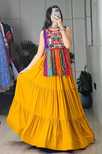 YELLOW RAYON COTTON EMBROIDERY PARTY LEHENGA CHOLI - free size