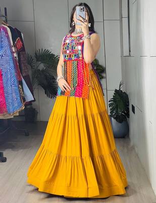 YELLOW RAYON COTTON EMBROIDERY PARTY LEHENGA CHOLI - free size 2