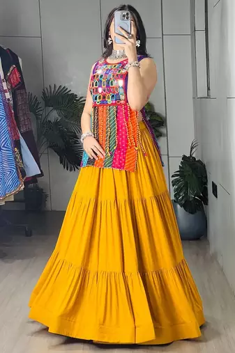 YELLOW RAYON COTTON EMBROIDERY PARTY LEHENGA CHOLI - free size