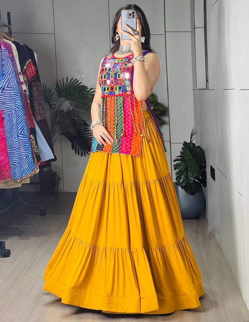 YELLOW RAYON COTTON EMBROIDERY PARTY LEHENGA CHOLI - free size