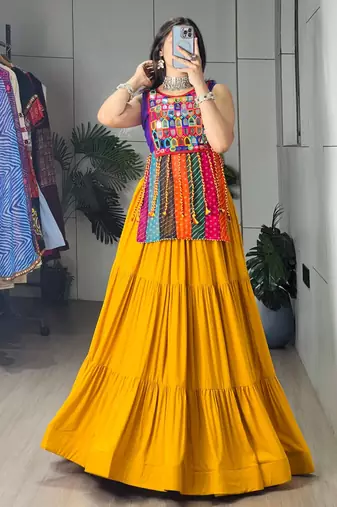 YELLOW RAYON COTTON EMBROIDERY PARTY LEHENGA CHOLI - free size