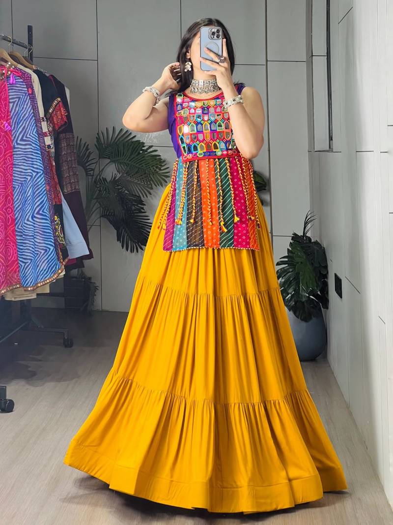 YELLOW RAYON COTTON EMBROIDERY PARTY LEHENGA CHOLI - free size
