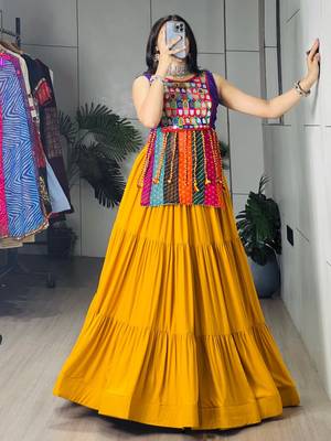 YELLOW RAYON COTTON EMBROIDERY PARTY LEHENGA CHOLI - free size 4