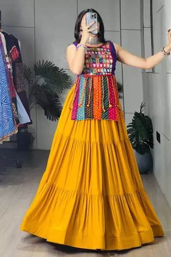 YELLOW RAYON COTTON EMBROIDERY PARTY LEHENGA CHOLI - free size