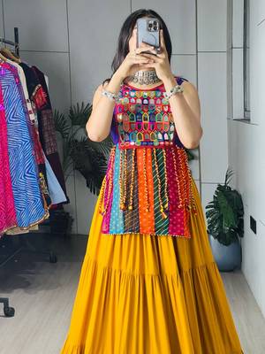 YELLOW RAYON COTTON EMBROIDERY PARTY LEHENGA CHOLI - free size 5