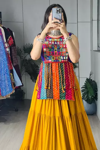 YELLOW RAYON COTTON EMBROIDERY PARTY LEHENGA CHOLI - free size