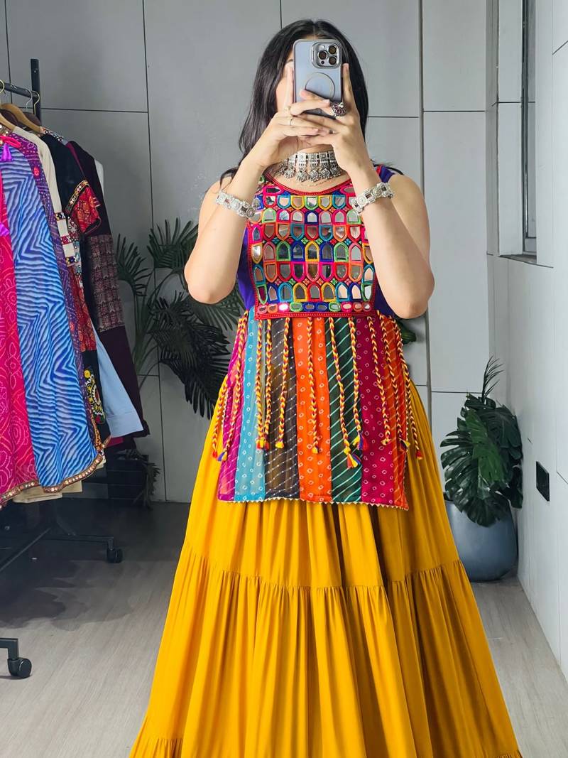 YELLOW RAYON COTTON EMBROIDERY PARTY LEHENGA CHOLI - free size