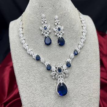 royal blue pear cut sapphire bridal jewellery set, silver wedding necklace earrings 1