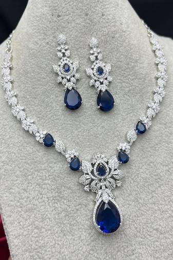 royal blue pear cut sapphire bridal jewellery set, silver wedding necklace earrings