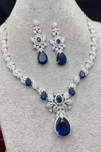 royal blue pear cut sapphire bridal jewellery set, silver wedding necklace earrings