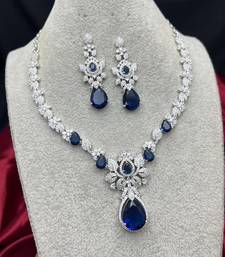 royal blue pear cut sapphire bridal jewellery set, silver wedding necklace earrings