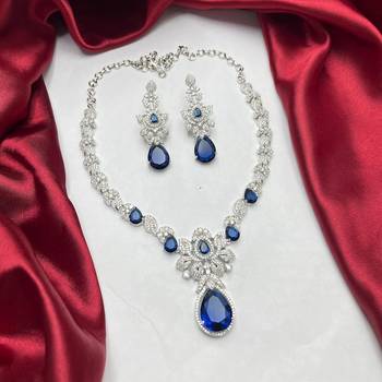 royal blue pear cut sapphire bridal jewellery set, silver wedding necklace earrings 2