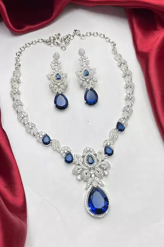 royal blue pear cut sapphire bridal jewellery set, silver wedding necklace earrings