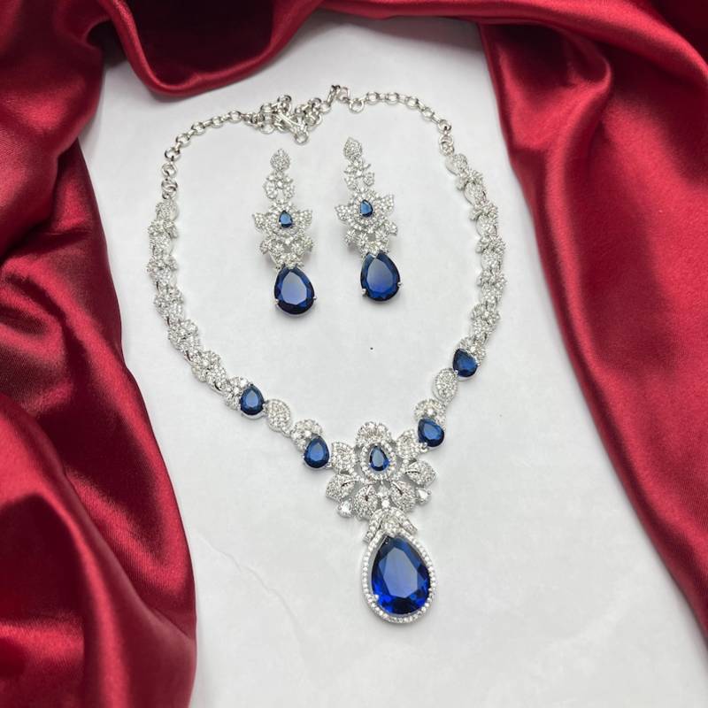 royal blue pear cut sapphire bridal jewellery set, silver wedding necklace earrings