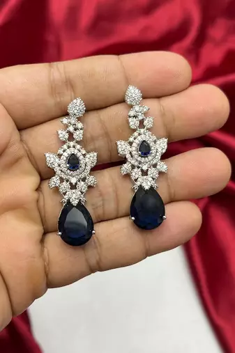 royal blue pear cut sapphire bridal jewellery set, silver wedding necklace earrings