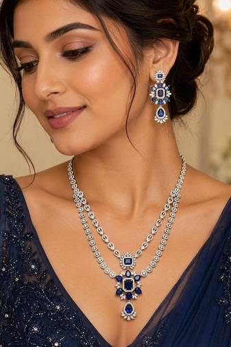 royal blue sapphire necklace and drop earrings set, cubic zirconia bridal jewellery