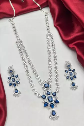 royal blue sapphire necklace and drop earrings set, cubic zirconia bridal jewellery