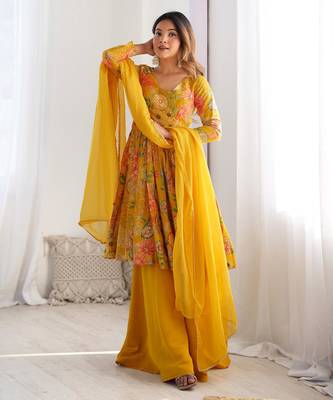  printed roman silk blend chanderi flared kurta palazzo and dupatta set 2