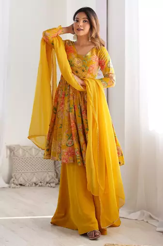  printed roman silk blend chanderi flared kurta palazzo and dupatta set