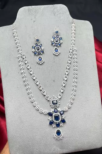 royal blue sapphire necklace and drop earrings set, cubic zirconia bridal jewellery