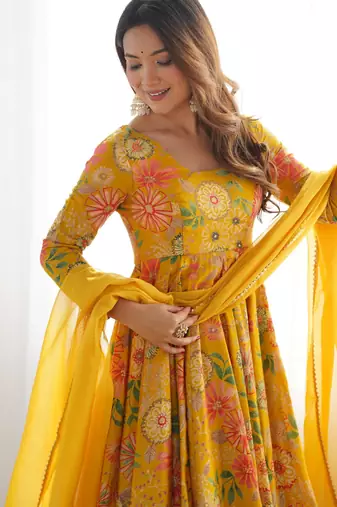  printed roman silk blend chanderi flared kurta palazzo and dupatta set