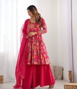  printed roman silk blend chanderi flared kurta palazzo and dupatta set