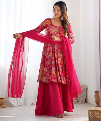  printed roman silk blend chanderi flared kurta palazzo and dupatta set 2