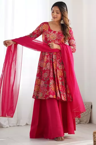  printed roman silk blend chanderi flared kurta palazzo and dupatta set