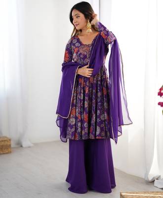  printed roman silk blend chanderi flared kurta palazzo and dupatta set 1