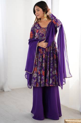  printed roman silk blend chanderi flared kurta palazzo and dupatta set