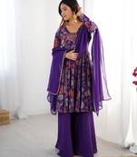  printed roman silk blend chanderi flared kurta palazzo and dupatta set
