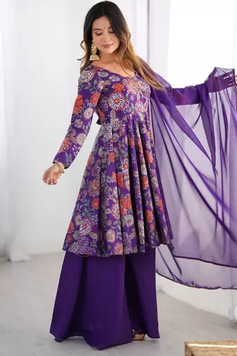  printed roman silk blend chanderi flared kurta palazzo and dupatta set