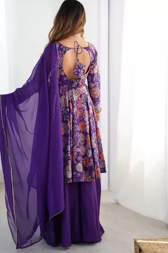  printed roman silk blend chanderi flared kurta palazzo and dupatta set