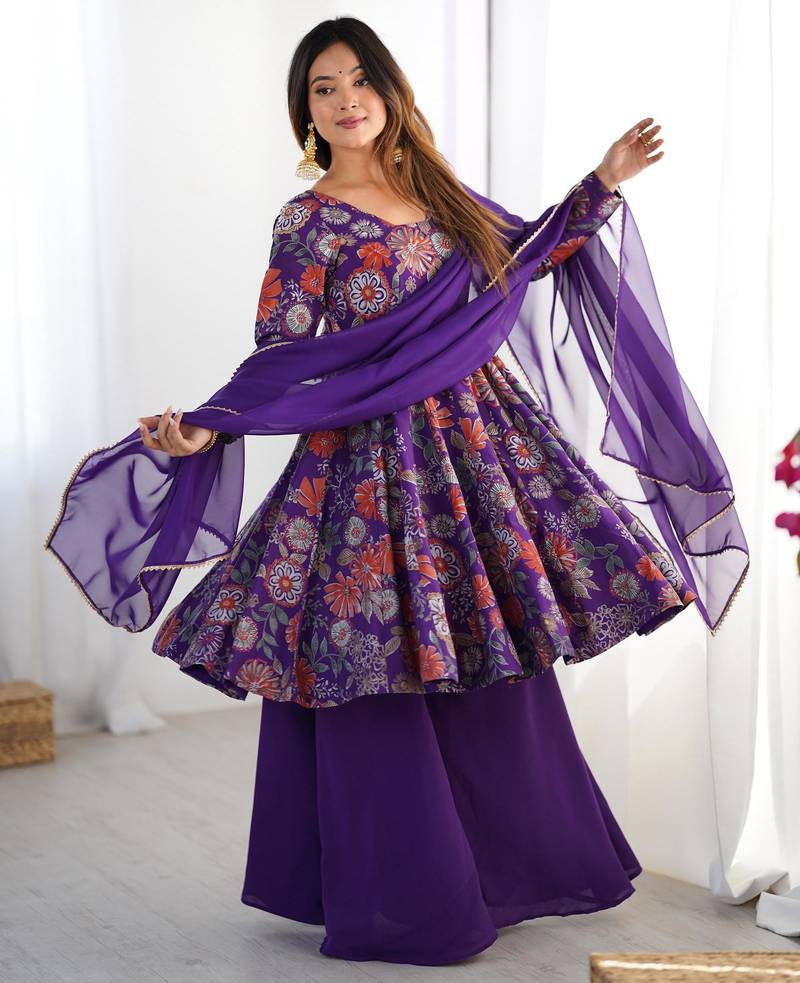  printed roman silk blend chanderi flared kurta palazzo and dupatta set