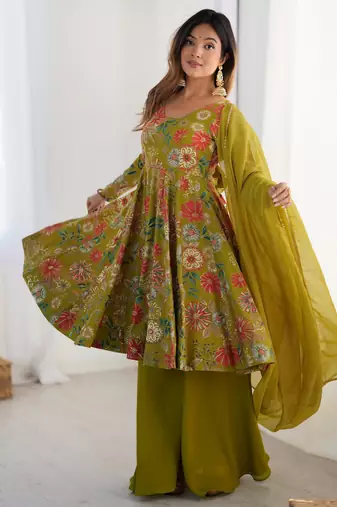  printed roman silk blend chanderi flared kurta palazzo and dupatta set