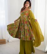  printed roman silk blend chanderi flared kurta palazzo and dupatta set