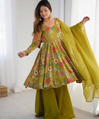  printed roman silk blend chanderi flared kurta palazzo and dupatta set 2
