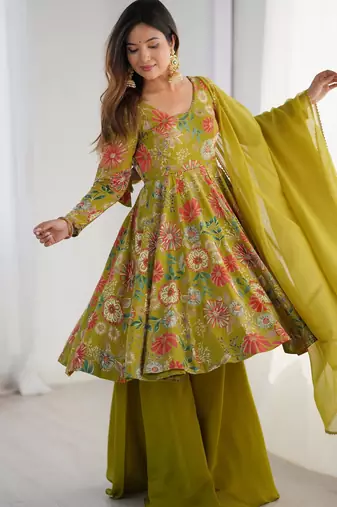  printed roman silk blend chanderi flared kurta palazzo and dupatta set