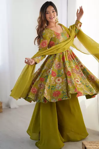  printed roman silk blend chanderi flared kurta palazzo and dupatta set