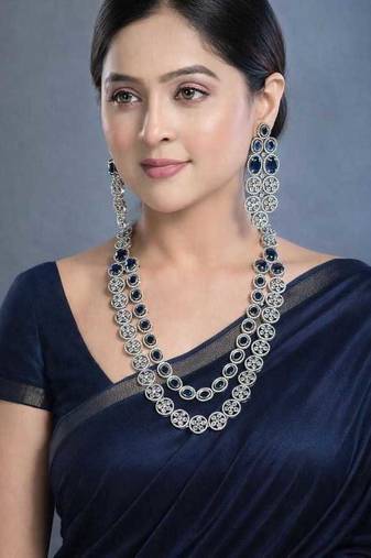 royal blue sapphire bridal jewellery set, layered statement necklace earrings, indian wedding haram