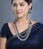 royal blue sapphire bridal jewellery set, layered statement necklace earrings, indian wedding haram