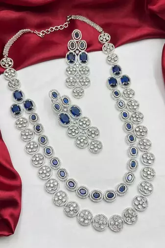royal blue sapphire bridal jewellery set, layered statement necklace earrings, indian wedding haram